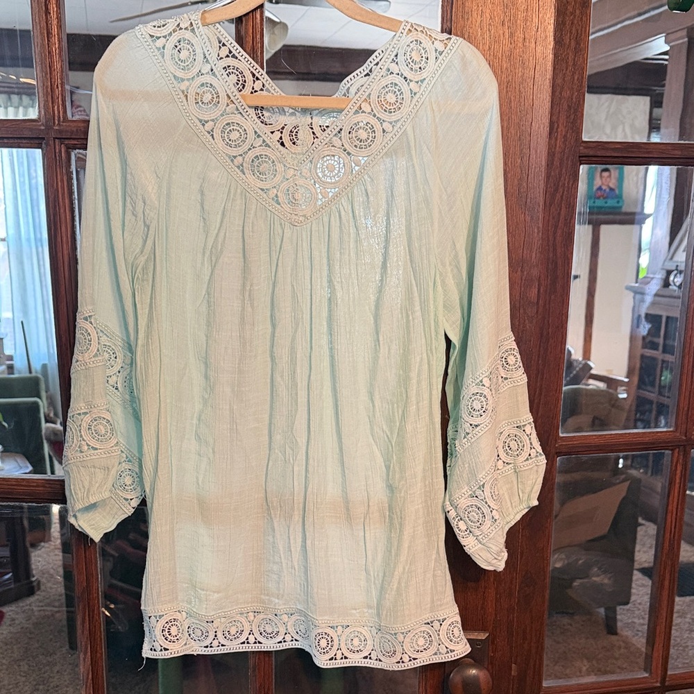 Indigo Soul Womens Mint Green Crochet‎ Lace Trim Boho Gauze Tunic Top Large